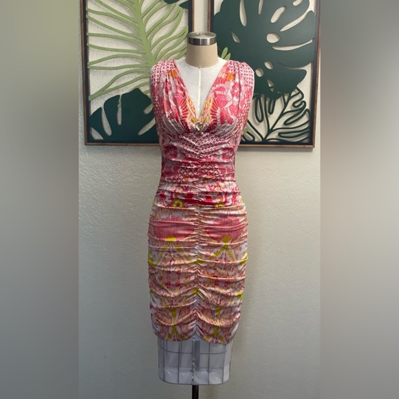 Roberto Cavalli Pink Floral Ruched Silk bodycon dress